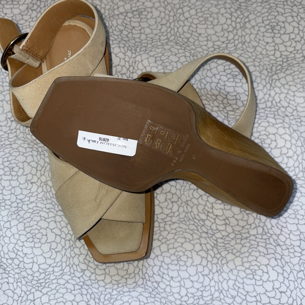 New! Rag & Bone Santiago Crisscross Wood Wedge Sandals Tan Suede Strap - Picture 9 of 11